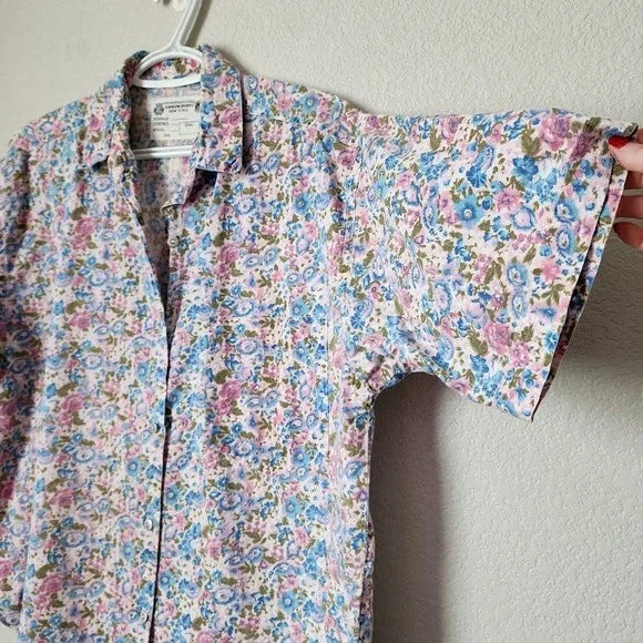ANDREW SPORTS VTG 90s Floral Button Down Shirt Pink Blue Liberty Print