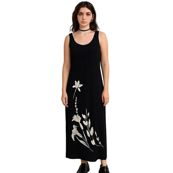 VTG LAURA ASHLEY 90s Black Floral Maxi Dress Sleeveless Minimalist Slip Y2K S/M