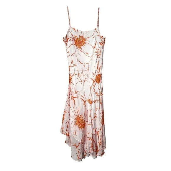 Y2K Vintage Orange Floral Slip Dress Asymmetrical Hem Spaghetti Strap Sundress S