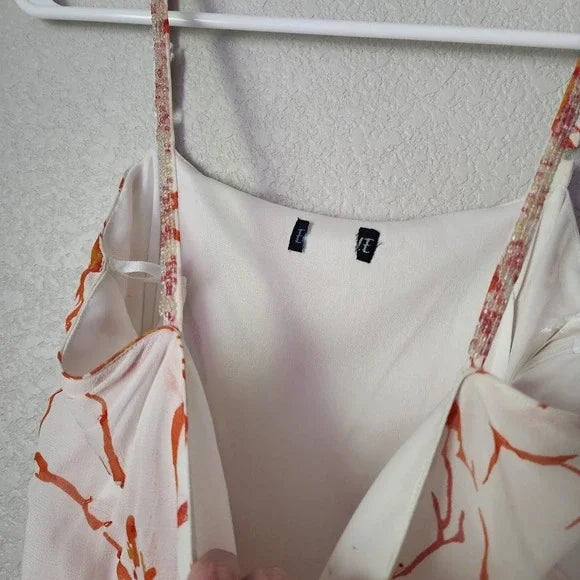 Y2K Vintage Orange Floral Slip Dress Asymmetrical Hem Spaghetti Strap Sundress S