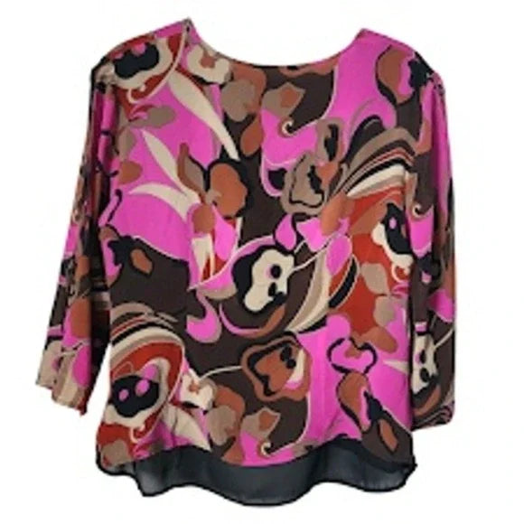 DKNY JEANS Y2K Psychedelic Swirl Print Blouse Sheer Button Sleeve Retro Top 12