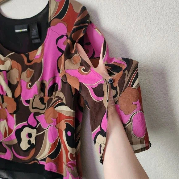 DKNY JEANS Y2K Psychedelic Swirl Print Blouse Sheer Button Sleeve Retro Top 12