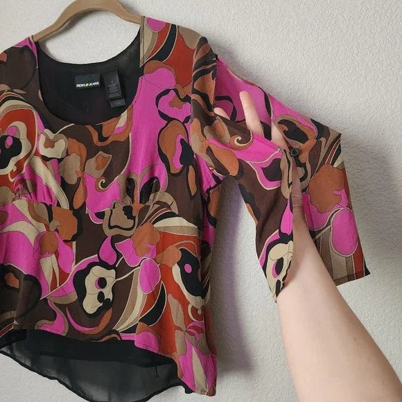 DKNY JEANS Y2K Psychedelic Swirl Print Blouse Sheer Button Sleeve Retro Top 12