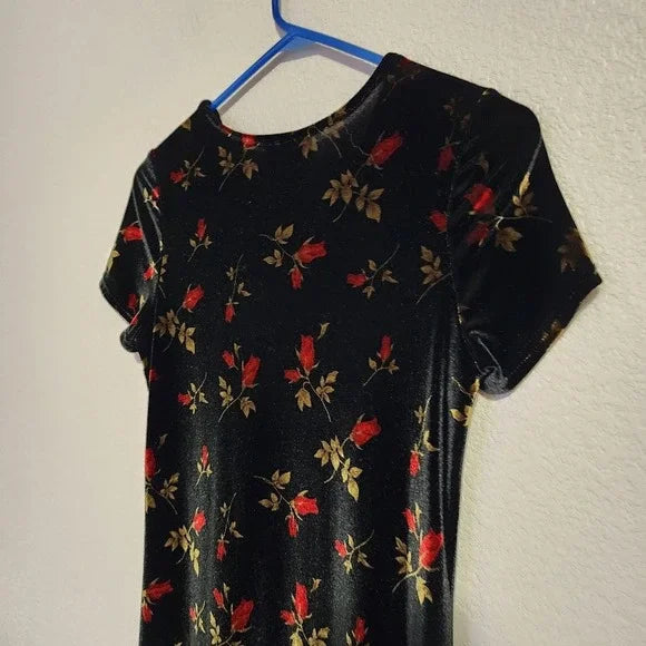 L.A. CONDUCT Velvet Rose Print Dress Short Sleeve Black Floral Wednesday Addams
