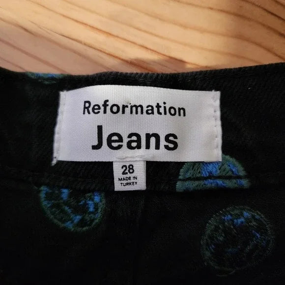 REFORMATION Earth Embroidered High Rise Straight Long Jeans Size 28 NWOT