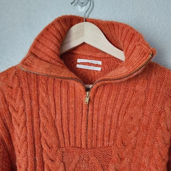 ANTHROPOLOGIE Payton Cable Knit Fisherman 1/2 zip Pullover Sweater Orange Size S