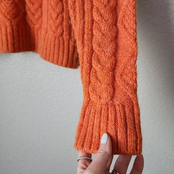 ANTHROPOLOGIE Payton Cable Knit Fisherman 1/2 zip Pullover Sweater Orange Size S