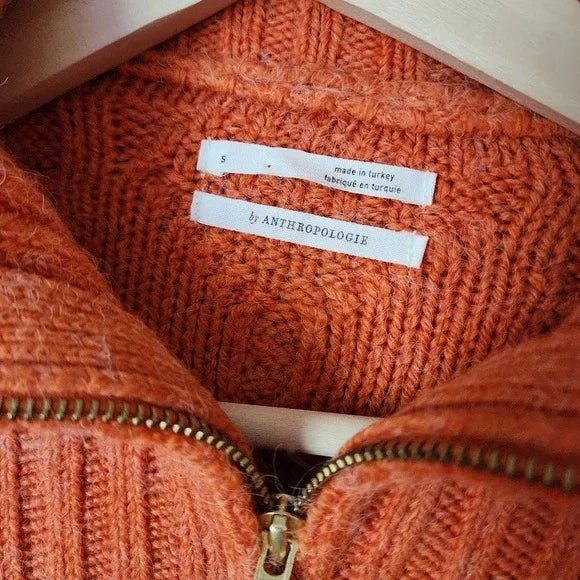 ANTHROPOLOGIE Payton Cable Knit Fisherman 1/2 zip Pullover Sweater Orange Size S