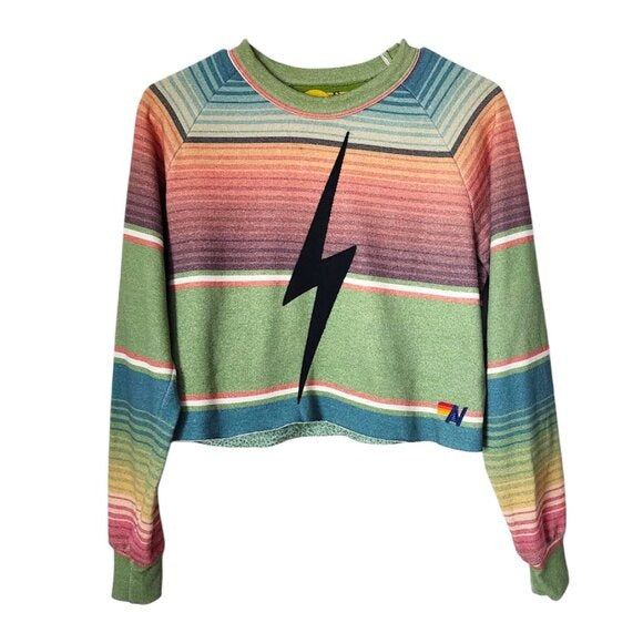AVIATOR NATION Serape Bolt Cropped Sweatshirt Multicolor Striped Lightning XS