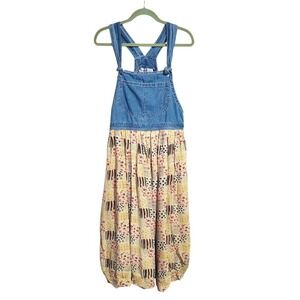 JANE ASHLEY 90s Patchwork Print Floral Sundress Farmgirl Denim Bib Jumper Dress
