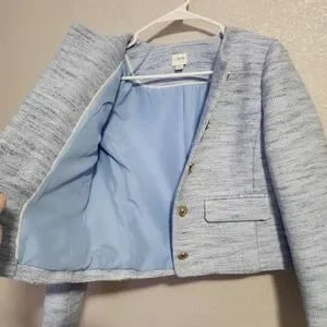 J.CREW Tweed Lady Jacket Blue Textured Blazer Gold Buttons Size 00 CB325