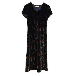 L.A. CONDUCT Velvet Rose Print Dress Short Sleeve Black Floral Wednesday Addams