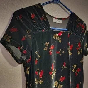 L.A. CONDUCT Velvet Rose Print Dress Short Sleeve Black Floral Wednesday Addams