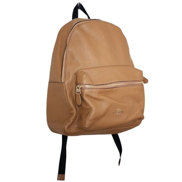 COACH Charlie Pebble Leather Backpack Saddle Brown Tan Size M