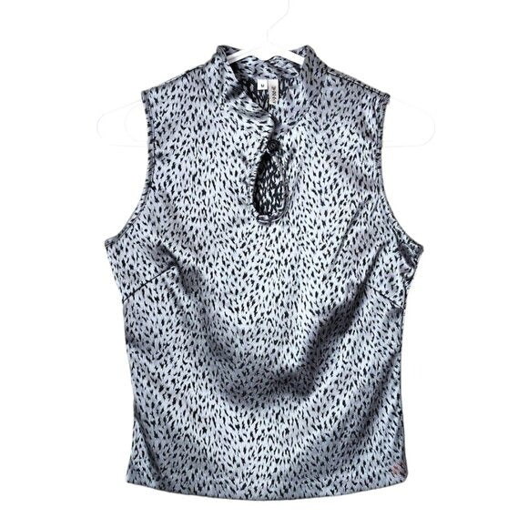 CONSPIRACY VINTAGE 90s Sleeveless Satin Blouse Gray Black Abstract Print Keyhole