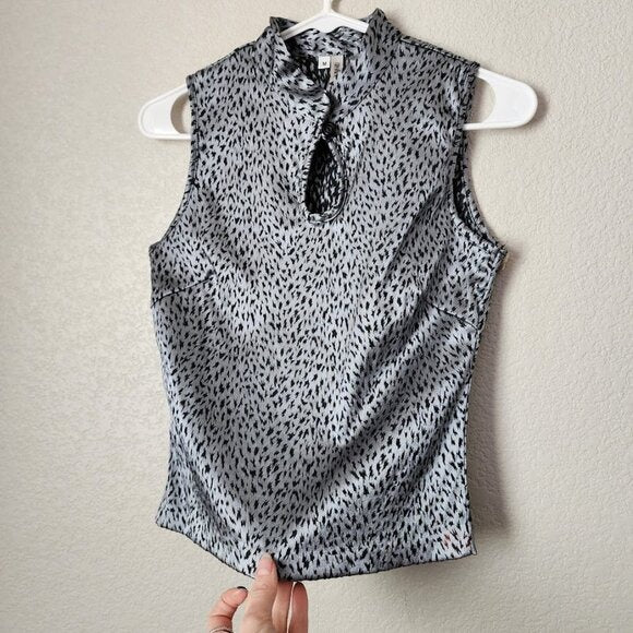 CONSPIRACY VINTAGE 90s Sleeveless Satin Blouse Gray Black Abstract Print Keyhole