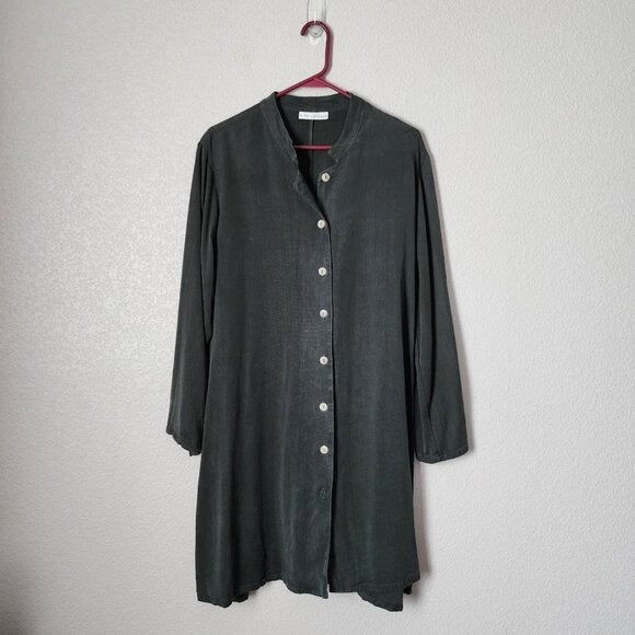 BRYN WALKER 100% tencel forest green button front tunic dress long sleeve M
