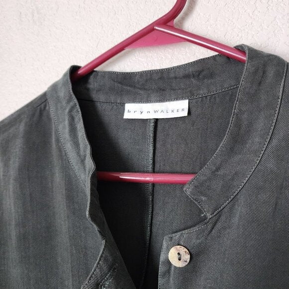 BRYN WALKER 100% tencel forest green button front tunic dress long sleeve M