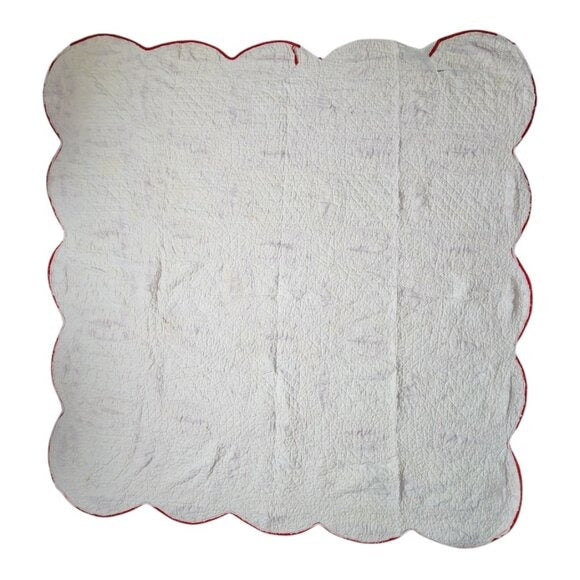 ANTIQUE Hand-Quilted Turkey Red / Ivory scalloped Pickle Dish Quilt 70inx70in