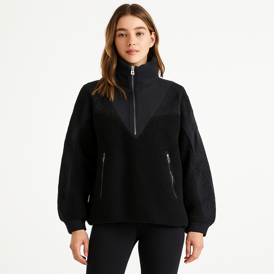 FREE PEOPLE MOVEMENT Care Seaside Fleece Crochet Eyelet 1/4 Zip Jacket Black XS