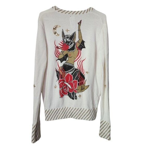 DROP DEAD Vampire Bat Goddess Cardigan Sweater moon stars halloween in cream M