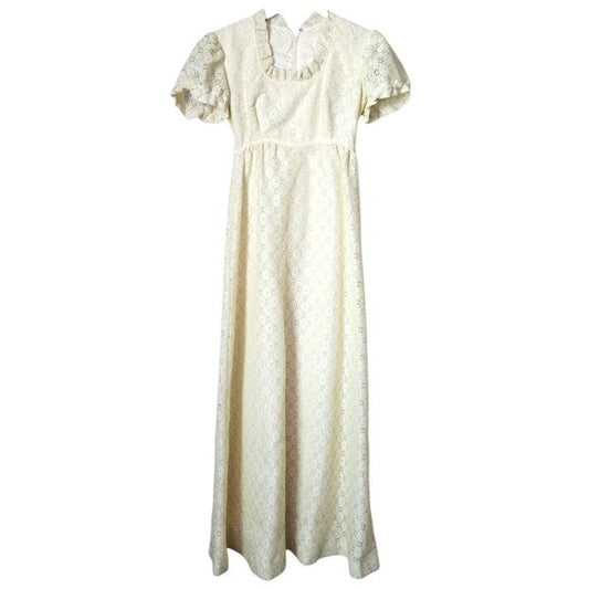 VINTAGE 70's union made butter yellow / white eyelet floral maxi dress size 5