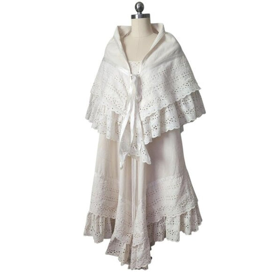JOSEFA 70's Boho Bridal Eyelet Ruffle Folk Style Prairie dress with shawl/cape