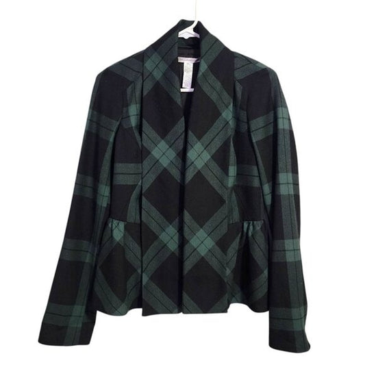 DVF Charleville shawl collar Plaid Wool Peplum Blazer Jacket in Black Green 6