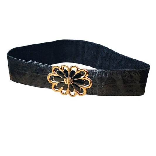 ULTRA VINTAGE black clip buckle flower belt 70's groovy