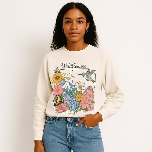 VTG 80s TULTEX Colorado Wildflowers Sweatshirt Nature Graphic Hummingbird floral