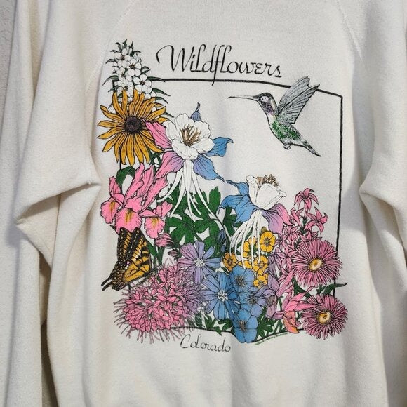 VTG 80s TULTEX Colorado Wildflowers Sweatshirt Nature Graphic Hummingbird floral