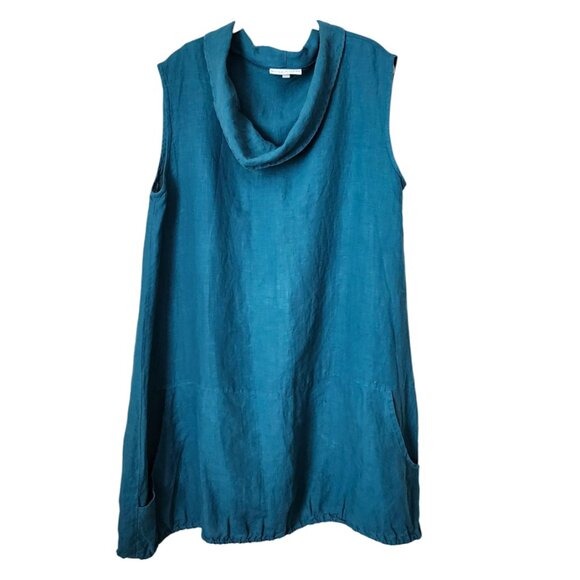 BRYN WALKER 100% linen lagenlook tunic top pockets drape collar size S teal