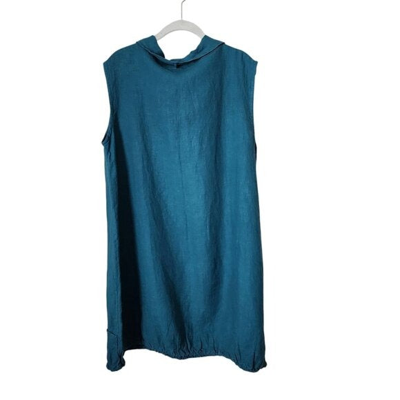 BRYN WALKER 100% linen lagenlook tunic top pockets drape collar size S teal