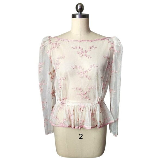 VINTAGE delicate sheer mesh blouse romantic coquette floral embroidery
