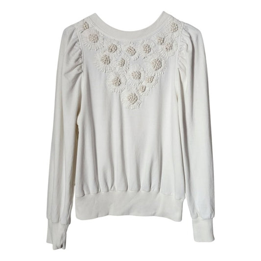 ANTHROPOLOGIE Cream Embroidered sweatshirt puff shoulder floral size S