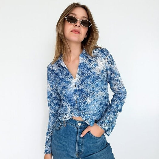 FADED GLORY Y2K Blue White Floral Lace Button Up Blouse 100% Nylon Semi Sheer M