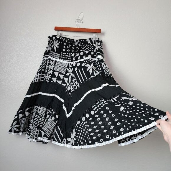 KEREN HART VINTAGE broomskirt ribbon flowy midi skirt black white boho witchy OS