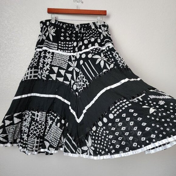 KEREN HART VINTAGE broomskirt ribbon flowy midi skirt black white boho witchy OS