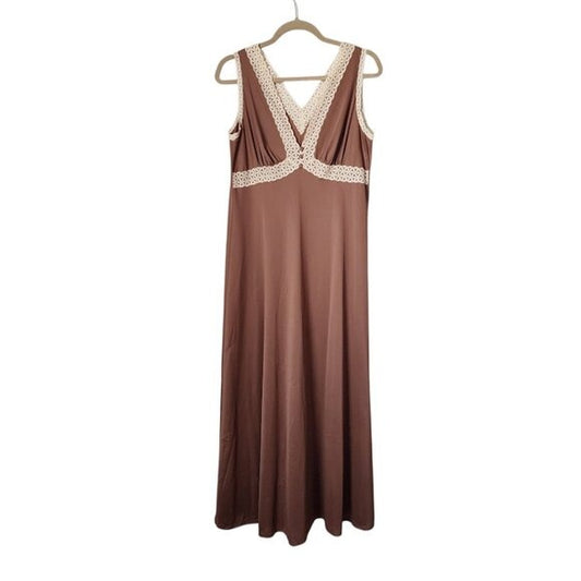 VANITY FAIR 70s Brown Maxi Slip Dress Lace Trim Babydoll fit Lingerie 34