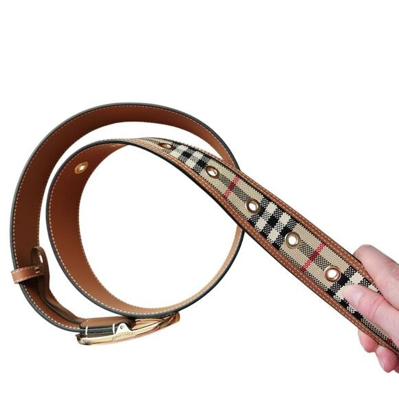 BURBERRY Vintage check and leather belt gold tone hard wear size M