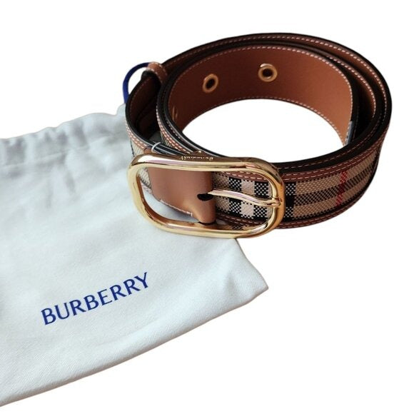 BURBERRY Vintage check and leather belt gold tone hard wear size M