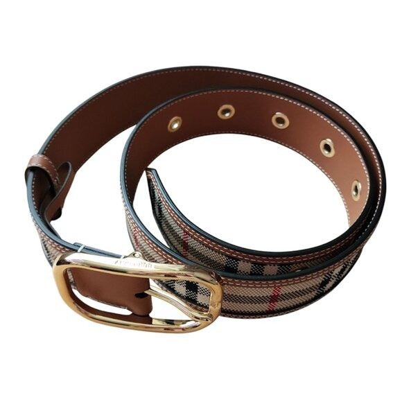 BURBERRY Vintage check and leather belt gold tone hard wear size M
