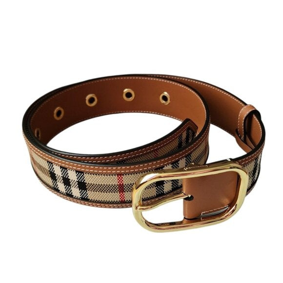 BURBERRY Vintage check and leather belt gold tone hard wear size M