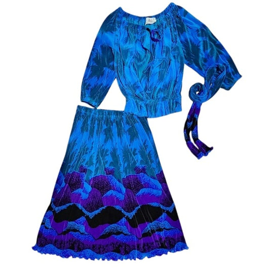 ARCHA PAIRS x VINTAGE 60's Plisse micro pleated skirt blouse set blue purple
