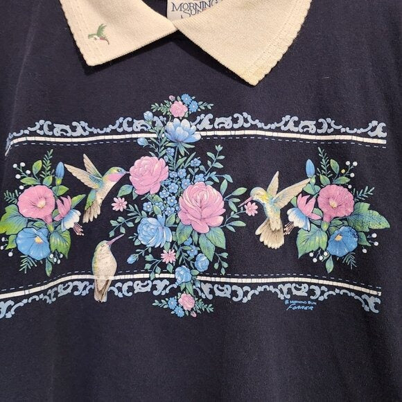 MORNING SUN hummingbird gardening tee collard tee shirt 90's