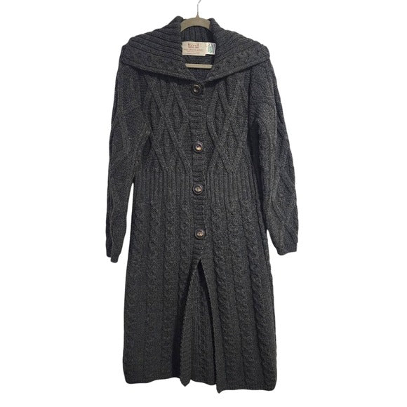 ARAN SWEATER MARKET Knit Trench Sweater coat 100% merino wool charcoal M