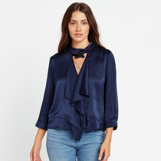 VIOLA Navy Blue Satin Ruffle Neck Blouse Asymmetrical Tie Front Top NWT Size 38