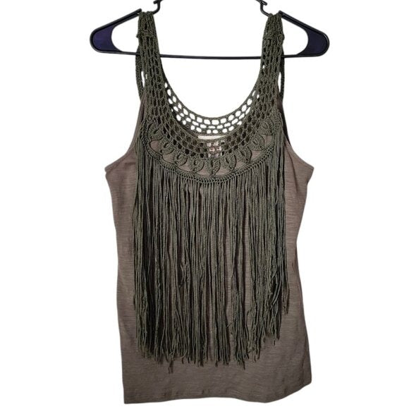 SUNDANCE boho crochet fringe tank top in olive green size S