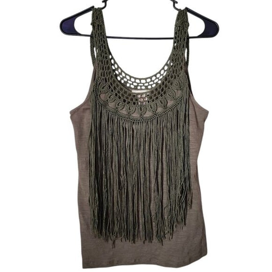 SUNDANCE boho crochet fringe tank top in olive green size S