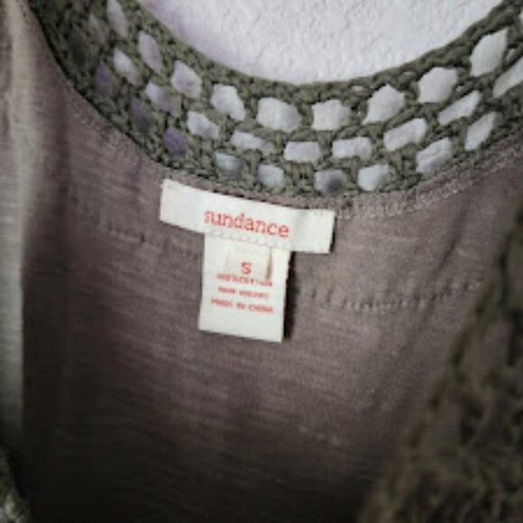 SUNDANCE boho crochet fringe tank top in olive green size S